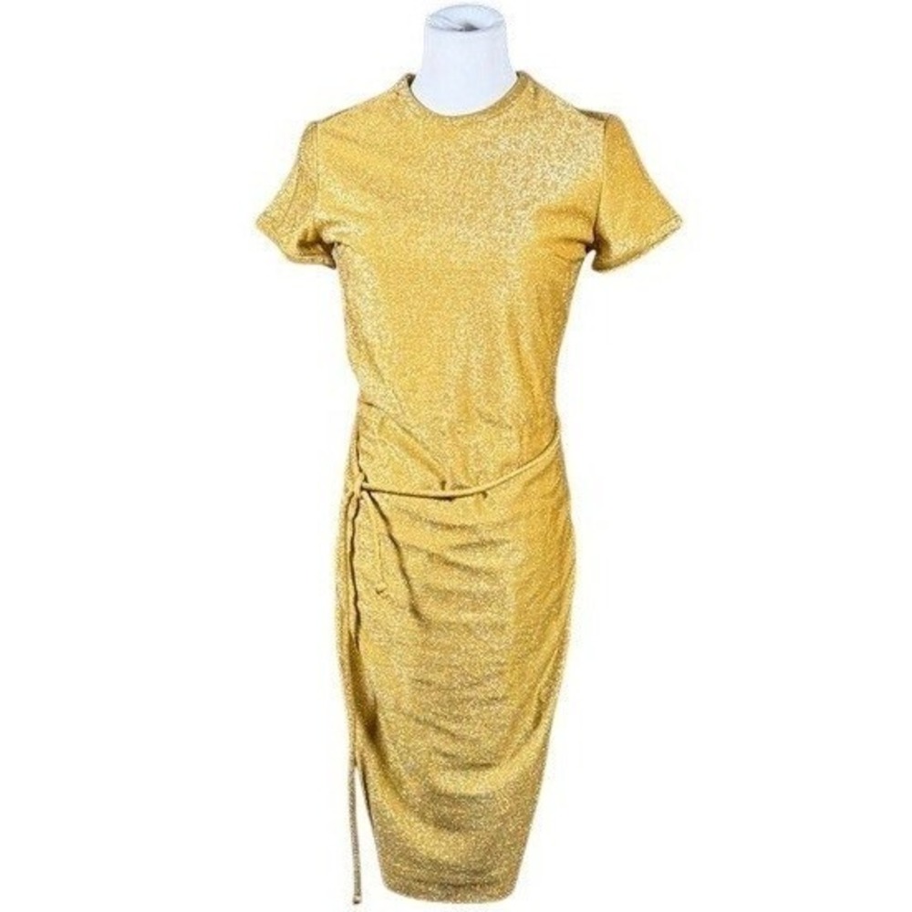 Vintage Toni Hunt Gold‎ Metallic Ruched Sheath Dress Short Sleeve Size 10 MCM